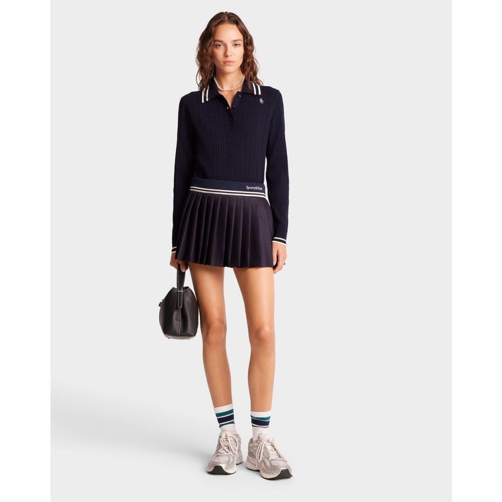 Sporty & Rich Abigail Wool Pleated Skirt Navy Size XL Old Money Prep Academia